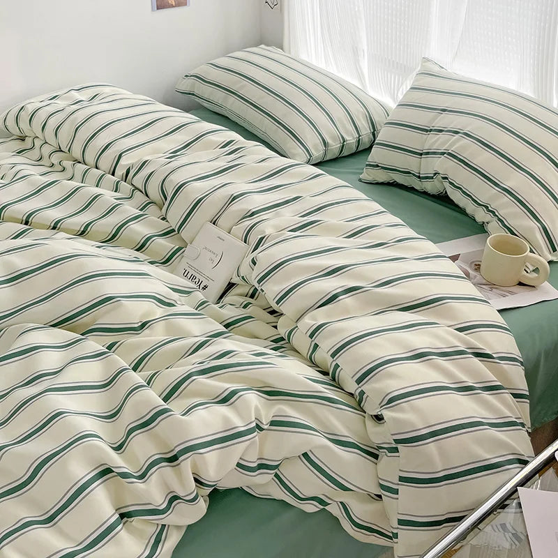 Kit Housse de couette + Taie Raye Blanc / Vert