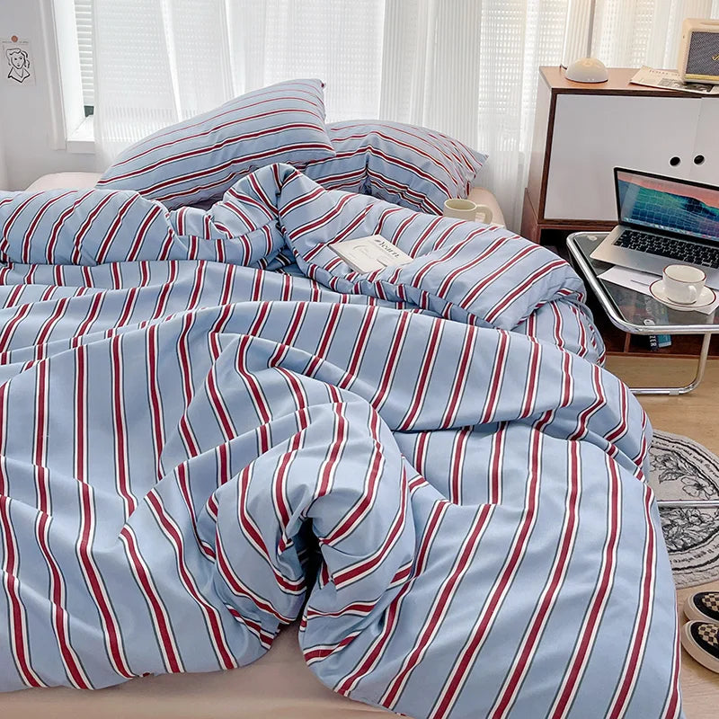 Kit Housse de couette + Taie Raye Bleu/Bordeaux