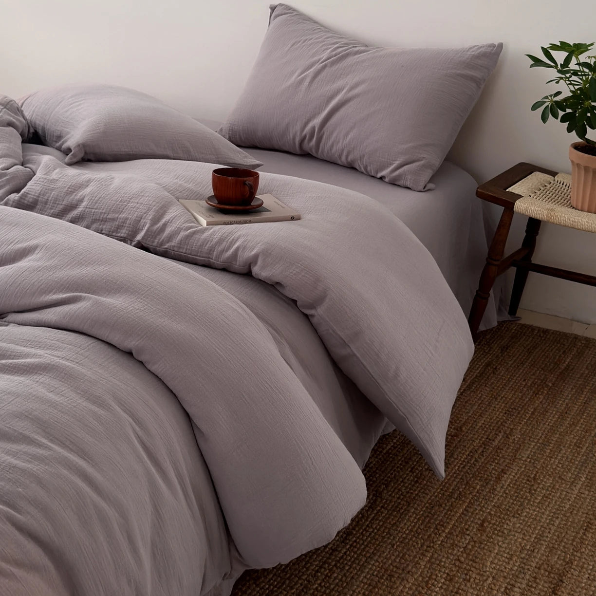 KIT Housse de couette + taie 100% coton fil froissé violet