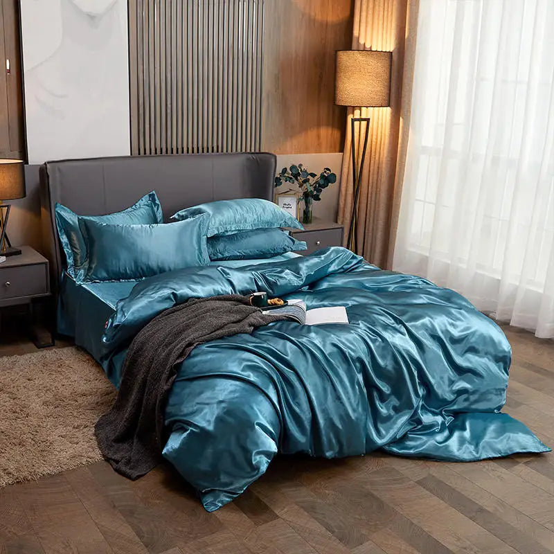 Housse de Couette en Satin Bleue + kit coussin
