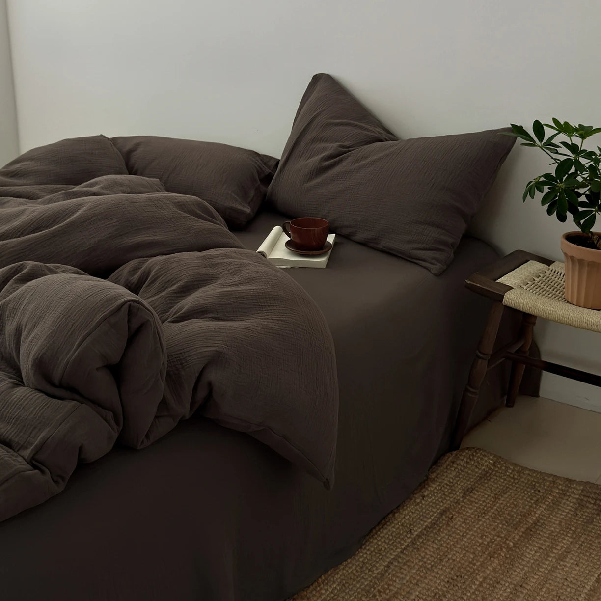 KIT Housse de couette + taie 100% coton fil froissé NOIR