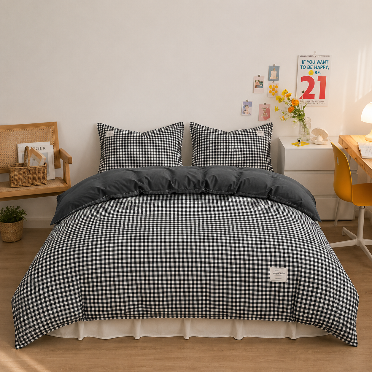 Parure de lit en coton - Vichy Minuit