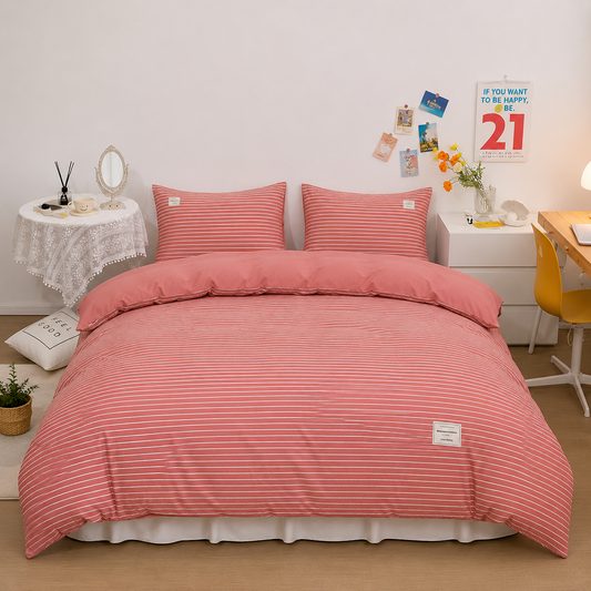 Parure de lit en coton - Marinière Framboise