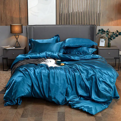 Housse de Couette en Satin Bleu Marine