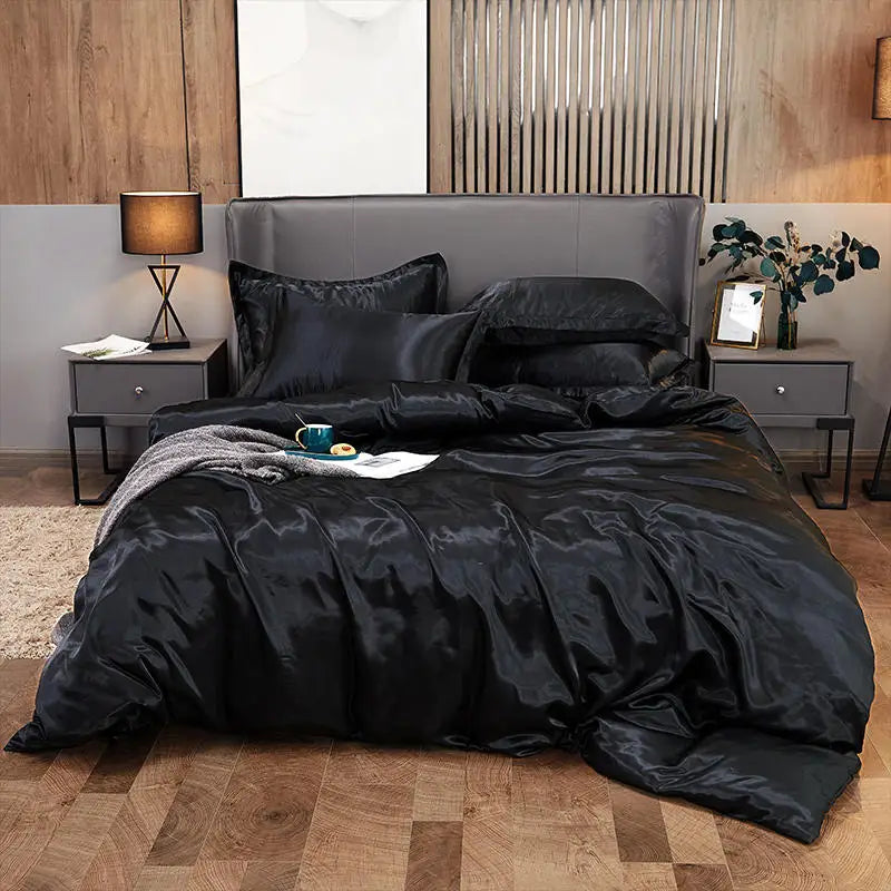 Housse de Couette en Satin Noir + Kit coussin