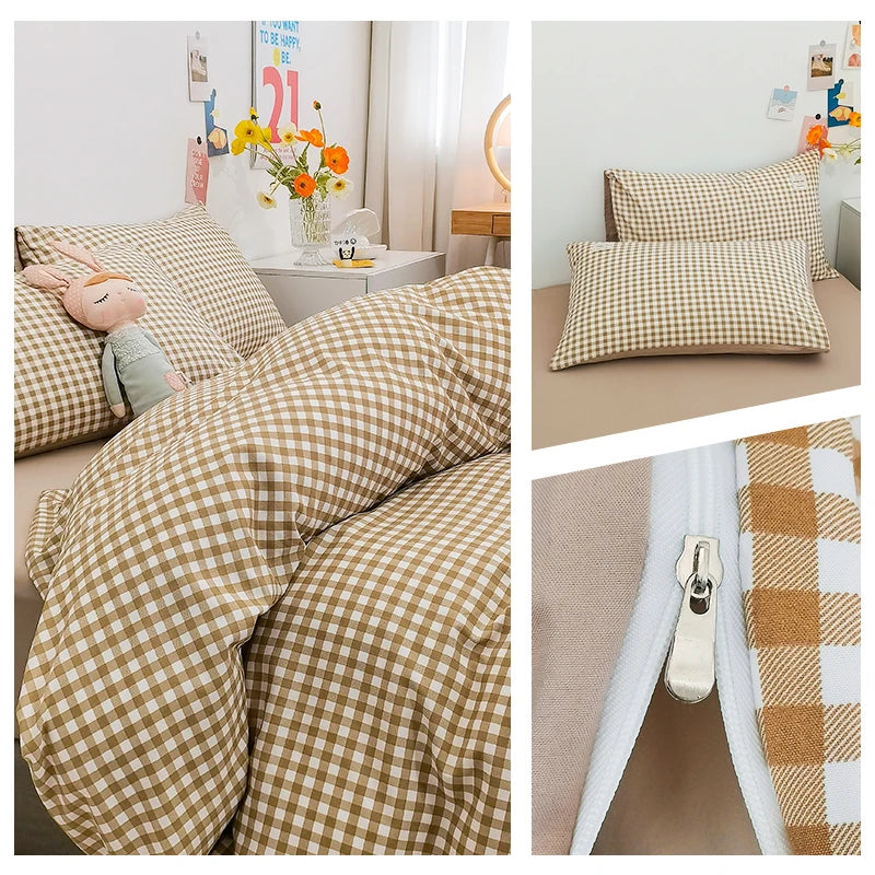 Housse de couette en coton vichy beige