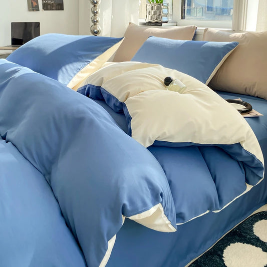 Kit Housse de couette + Taie Reversible Bleu / Blanc