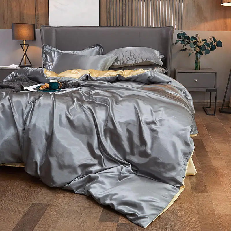 Housse de Couette en Satin Gris foncé + Kit coussin