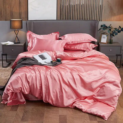 Housse de Couette en Satin Rose + kit coussin