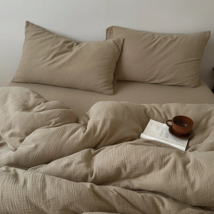 KIT Housse de couette + taie 100% coton fil froissé Beige
