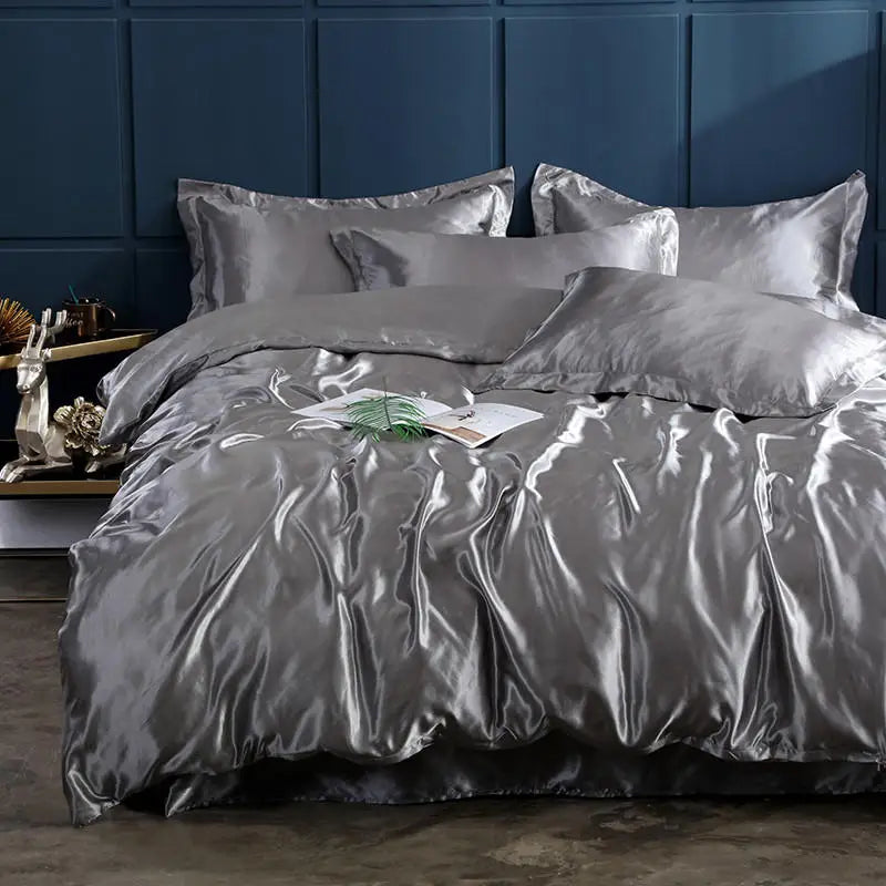 Housse de Couette en Satin Gris foncé + Kit coussin