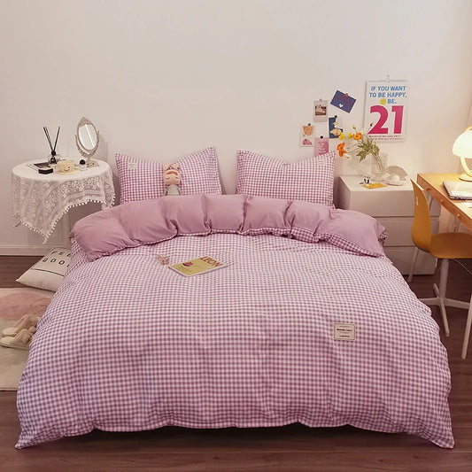 Housse de couette en coton vichy violet/rose