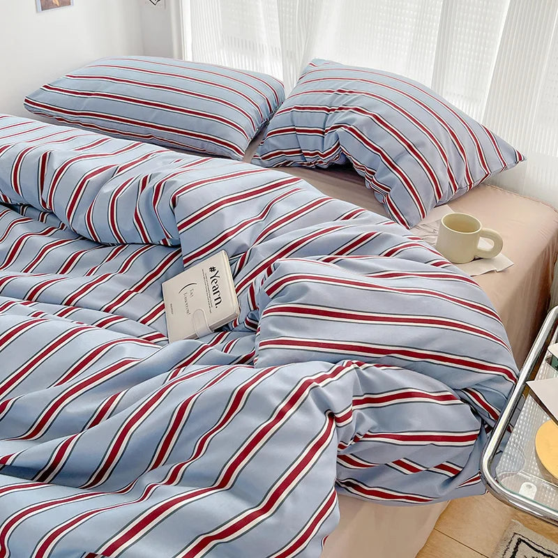 Kit Housse de couette + Taie Raye Bleu/Bordeaux