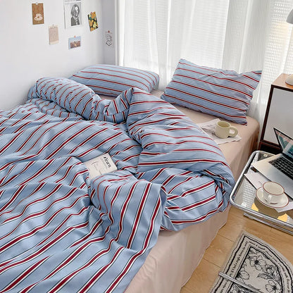 Kit Housse de couette + Taie Raye Bleu/Bordeaux